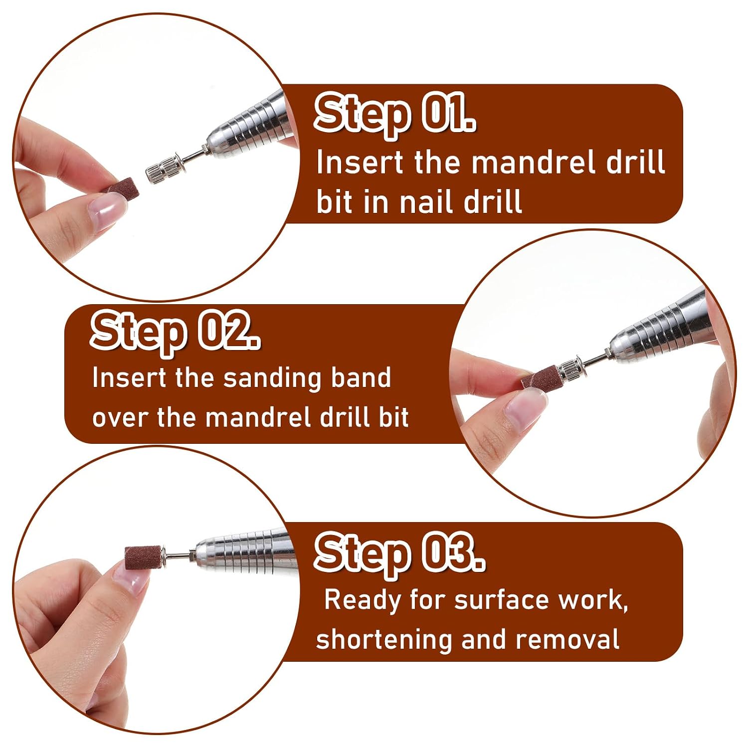 100 Pcs 120 Grit Nail Sanding Bands with 3/32" Mandrel Nails Drill Bit