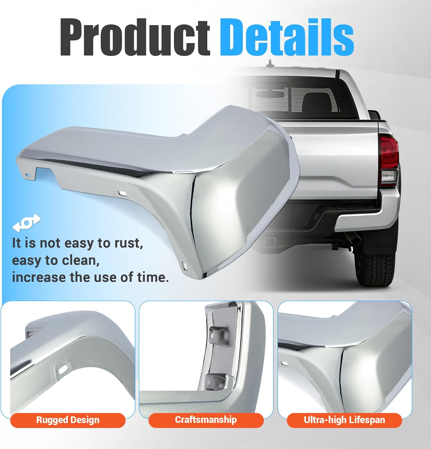 ECOTRIC Rear Bumper End Caps RH Compatible with 2016-2024 Toyota Tacoma w/o Parking Sensors Holes Chrome Covers Corner Extension Replacement for TO1105131 Passenger Side