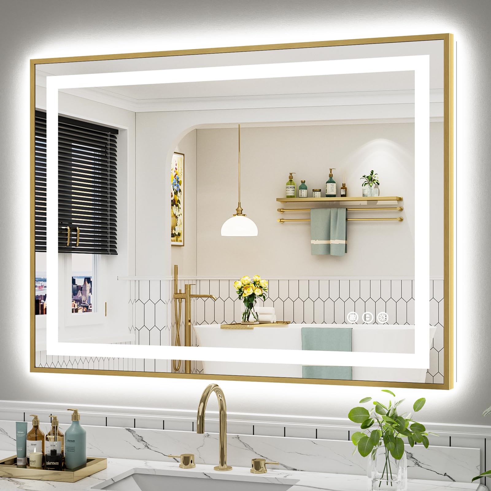48x36 Inch LED Bathroom Mirror with Gold Frame, Backlit &amp; Front Lit