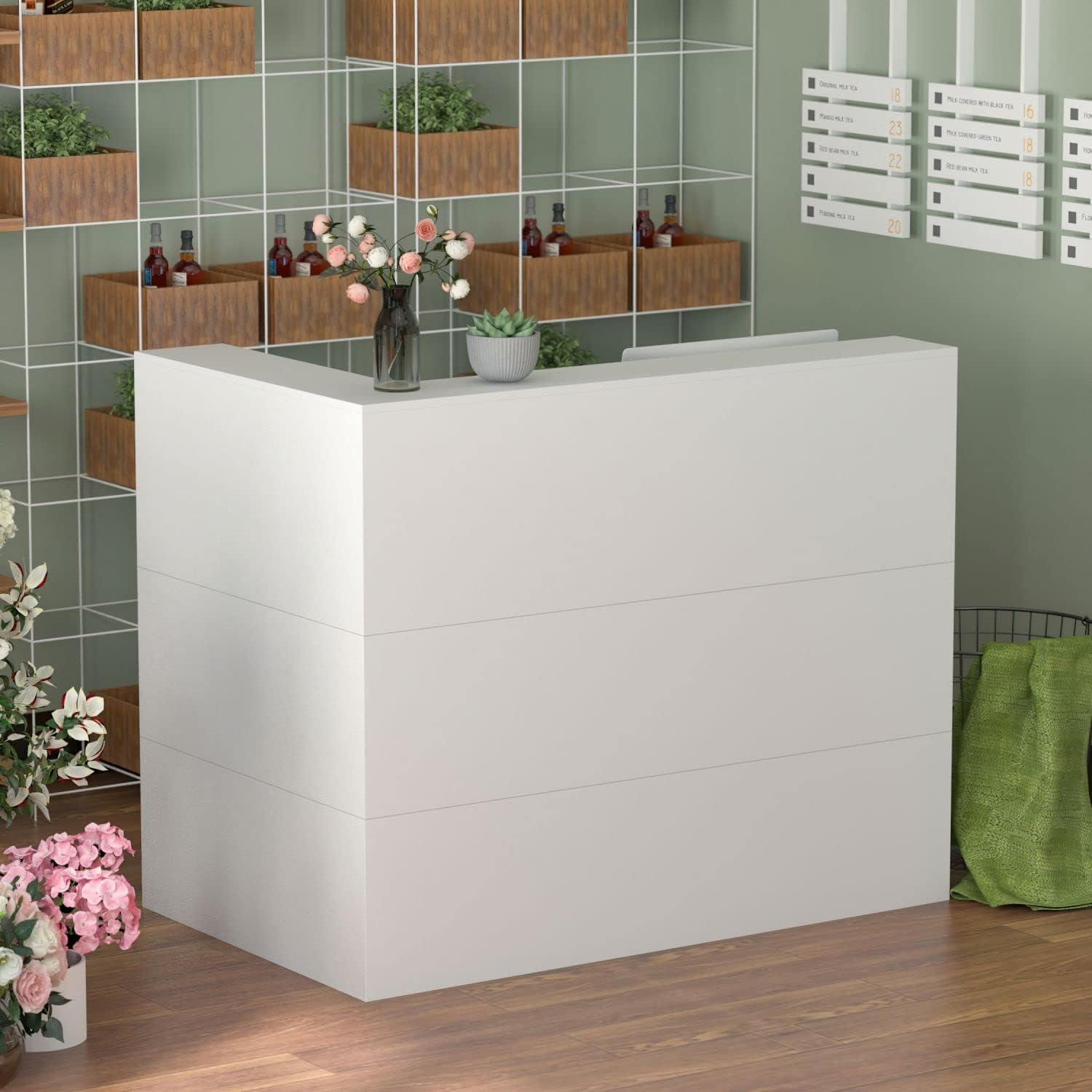 FAMAPY Modern Reception Desk Counter Desk, Large Storage Shelves and Drawers, L-Shaped Office Desk for Reception Room White : Office Products