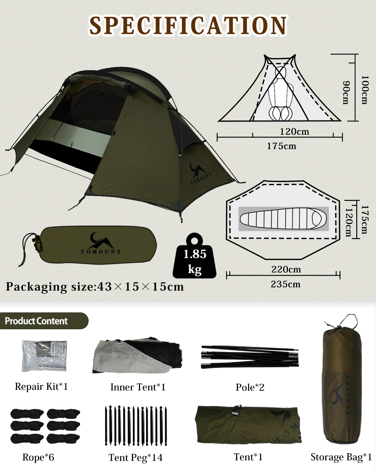 TOMOUNT Zelt Rucksackzelt 1-2 Mann Zelt Wasserdicht Ultraleicht Nylon 1,5kg-2kg für Wandern Camping Outdoor