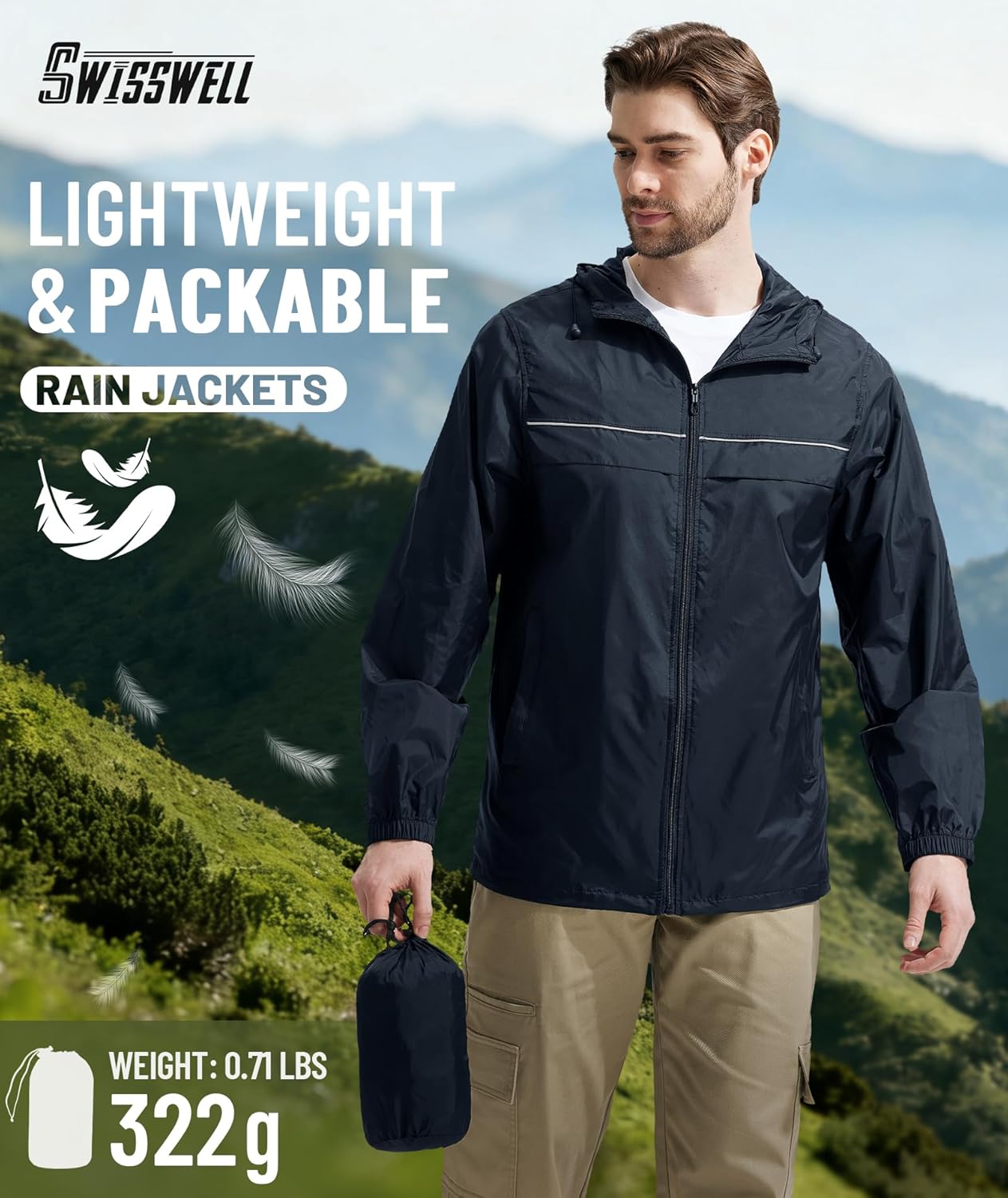 SWISSWELL Mens Rain Jacket & Coats Packable Lightweight Waterproof Windbreaker Hooded for Golf Cycling Hiking
