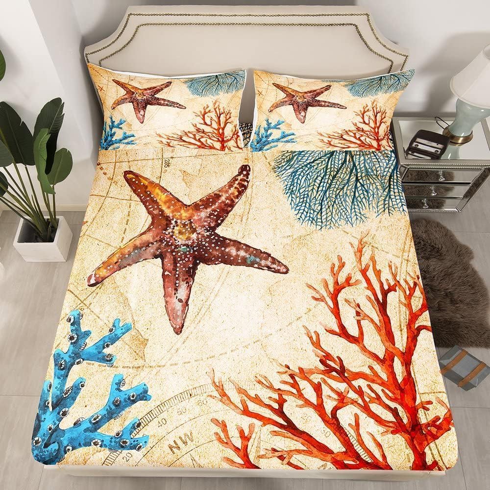 Sabanas Bajeras 150x200 Estrella de Mar Coralina Sábanas Bajeras Estrella de Mar Coralina Ajustable Suave Cómoda Sabana Bolsillo Profundo 30 cm, 2 Funda de Almohada, para Grueso Colchón G202