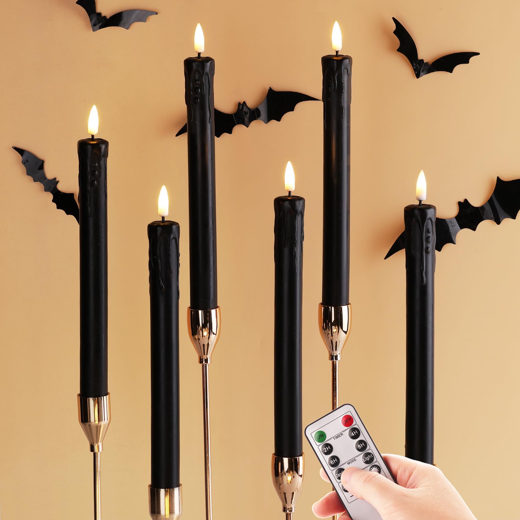 Black Dripping Wax Halloween Flameless Taper Candles with Remote Set of 6
