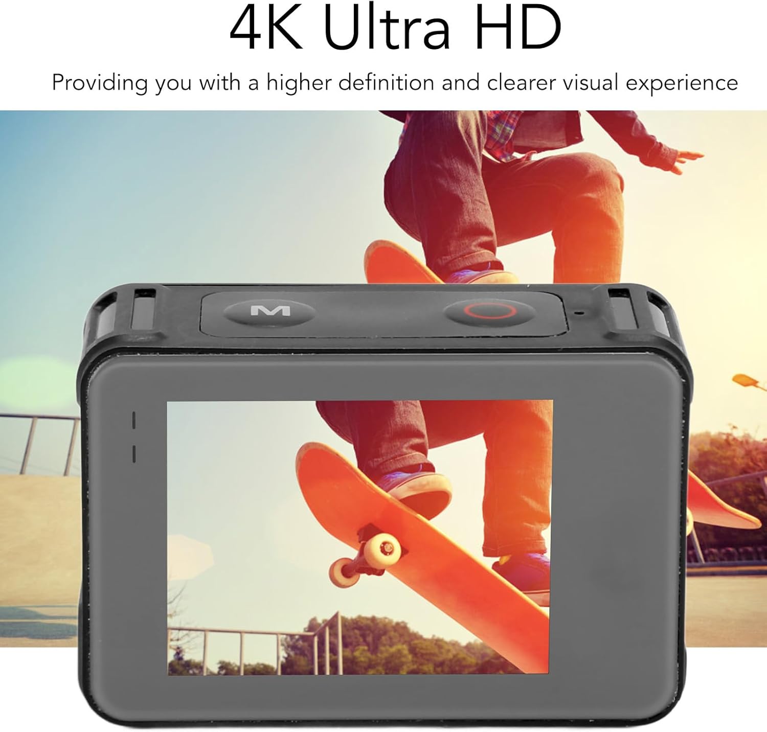 Vikye Action Camera displaying a 4K Ultra HD video preview of a skateboarder in action.