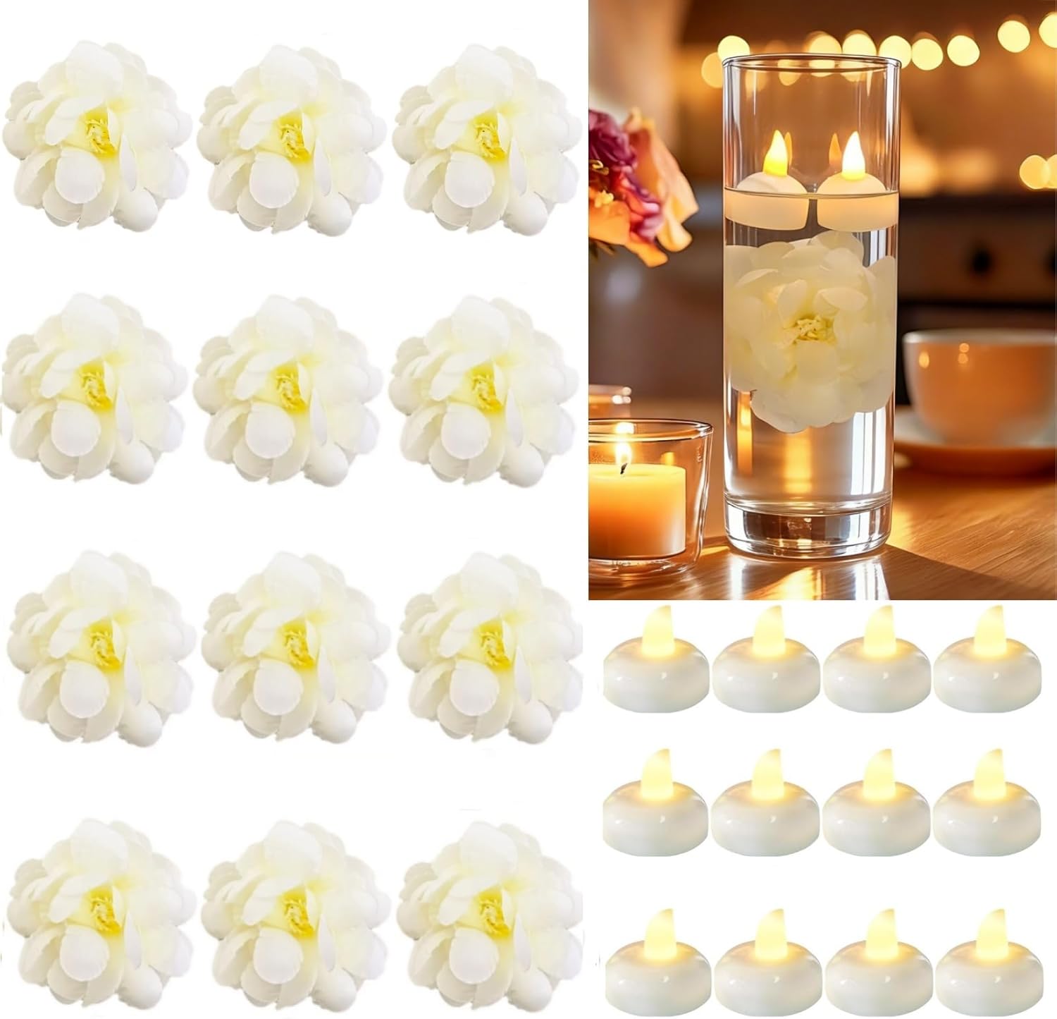 24 Pack Flameless Floating Candles and Floating Artificial Flower Led Battery Operated Waterproof Tea Lights for Cylinder Vases Centerpieces at Wedding, Party, Pool Decor White