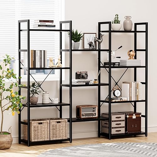 Miniatura 6 de NUMENN Estantería triple ancha de 5 niveles, estilo industrial rústico con 14 estantes abiertos, mueble alto moderno para dormitorio, sala de estar