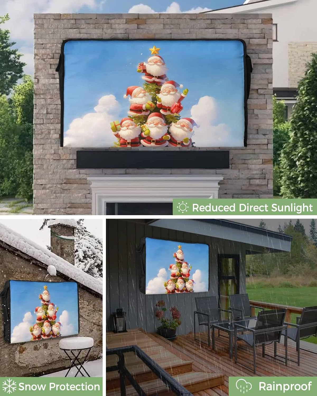 Christmas Santa Claus Outdoor TV Cover 60"-65" - 600D Waterproof TV Cover Weatherproof TV Screen Protector Dustproof Winter Xmas Tree Blue TV Display Protector for Outside Flat Screen TV