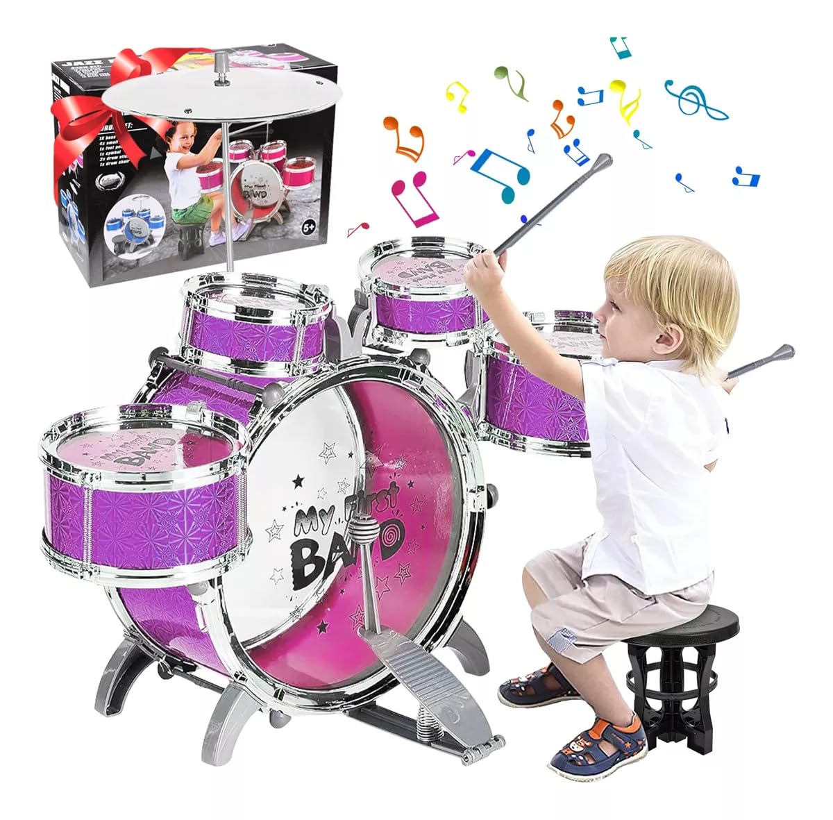 RAINBOWSTREET Drum Set for Kids - Jazz Rock Music Toy for Kids, with Stool, Perfect Gift for Boys and Girls (Red)-image-31