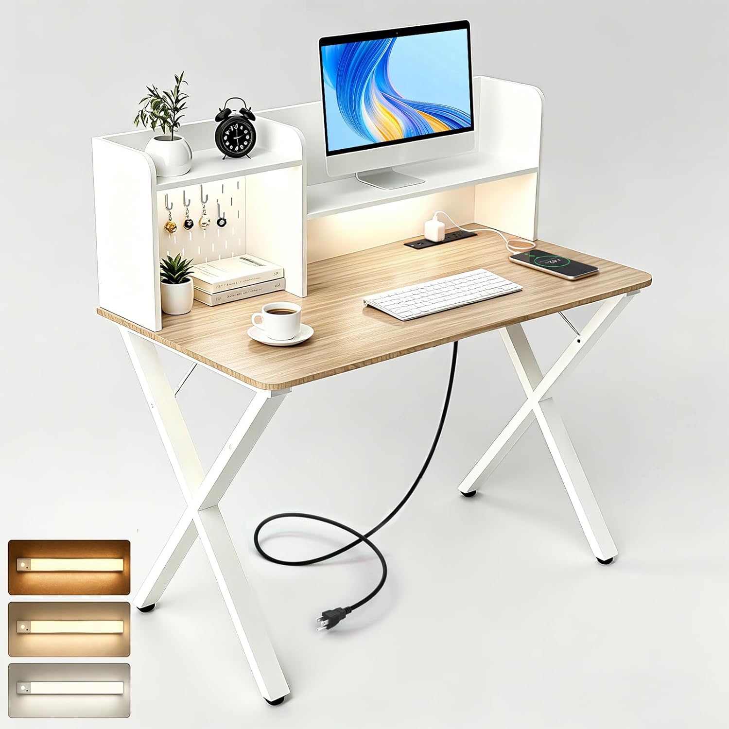 Lightdot 44" Computer Desk with Motion Sensor Light, Home Office Gaming Desk with Charging Station Pegboard, Modern Study Desk with Adjustable 3000K–6500K Lighting for Work Game Bedroom, White/Natural