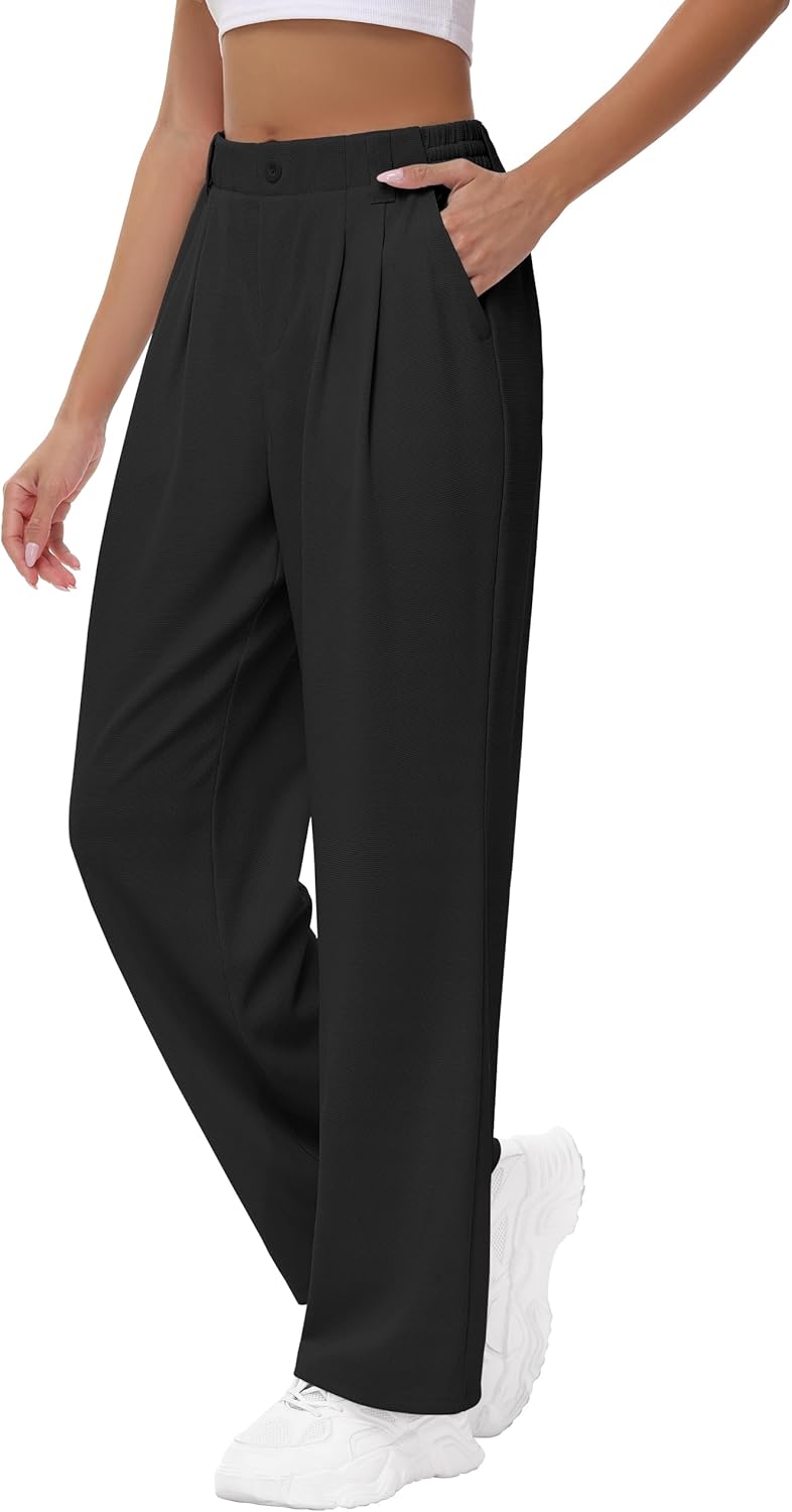 Women's Wide Leg Stretchy Pants - 29'' Waffle Knit High Waisted Teacher Business Casual Work Pleated Trousers