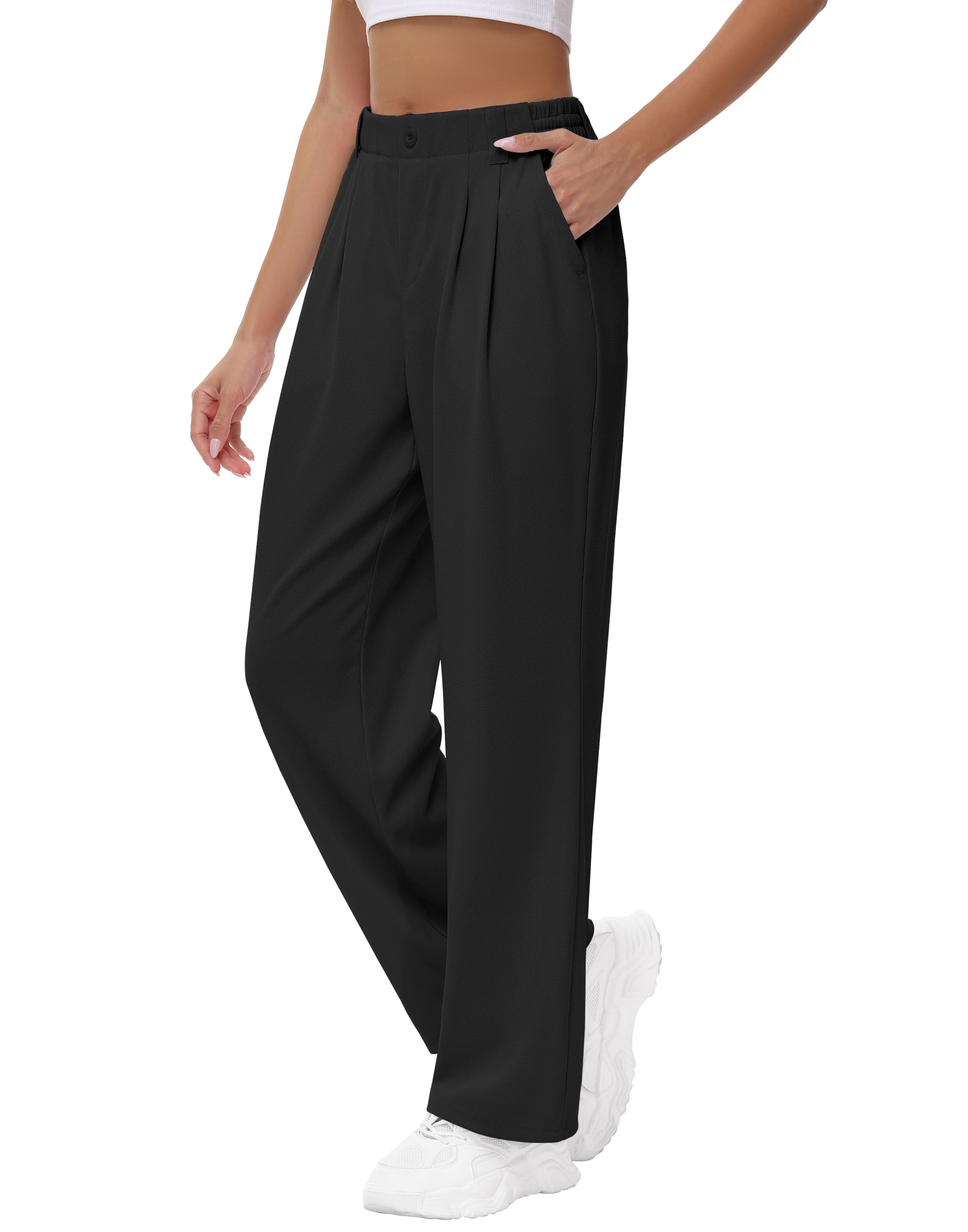 Womens Wide Leg Stretchy Pants - 29 Waffle Knit High Waisted Teacher Business Casual Work Pleated Trousers