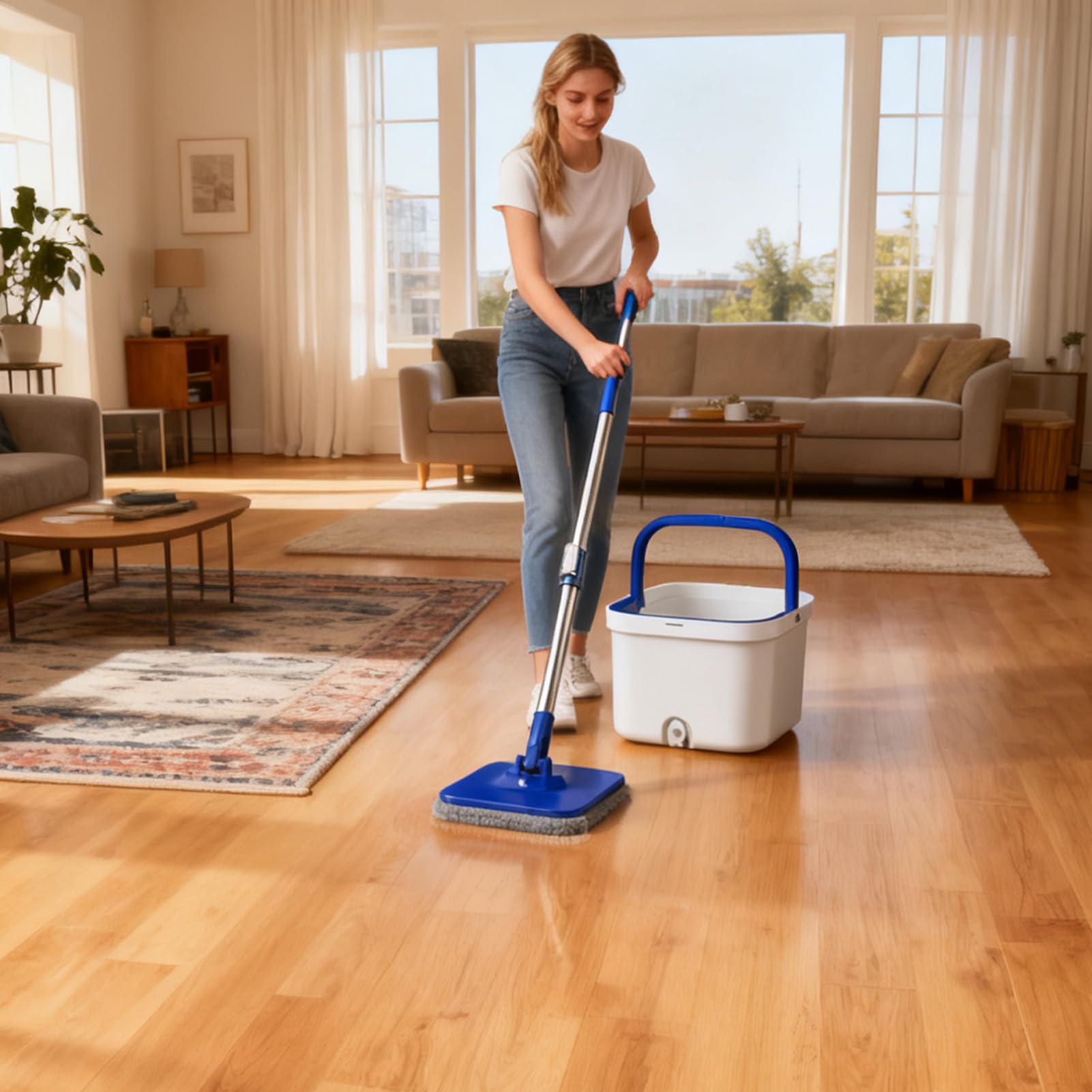 Juego De Fregona Giratoria Y Cubo Mango Ajustable con Empuñadura | De Limpieza Con Fregona Giratoria Y Cubo Para Suelos de Madera Cocina Sala de Estar Comedor Apartamento Sótano