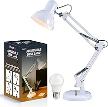 Powatron Adjustable Desk Lamp with UK Plug & E27 Bulb Included – Flexible Metal Arm, Rotatable Head, 150° Adjustable Design, On/Off Switch & 1.5m Cord – Office, Study, Bedroom (White)
