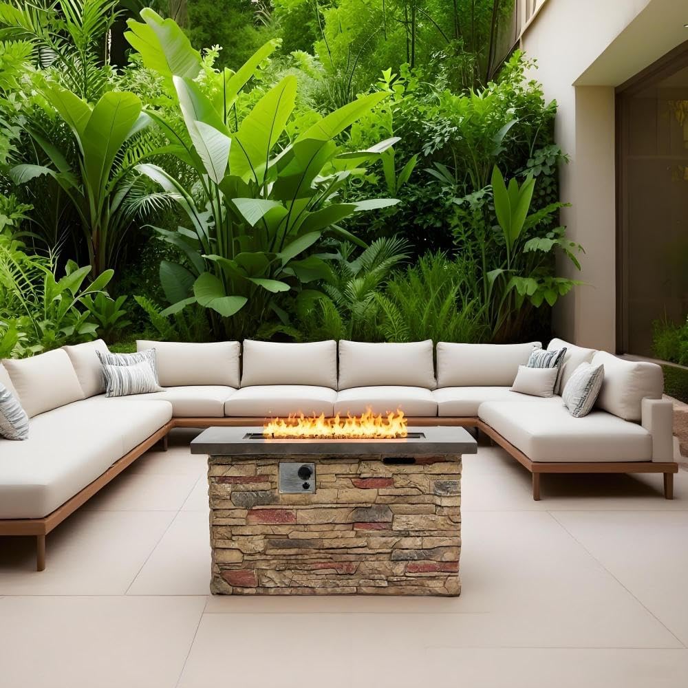 42 Inch Rectangular Propane Fire Pit Table with 50,000 BTU Output, Concrete Outdoor Firepit for Patio, Deck, Garden, Backyard - Beige Multi