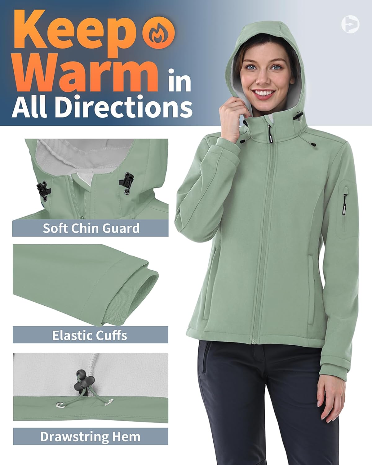Outdoor Ventures Women's Softshell Jacket with Hood Fleece Lined Warm Lightweight Waterproof Insulated Windbreaker - Image 4