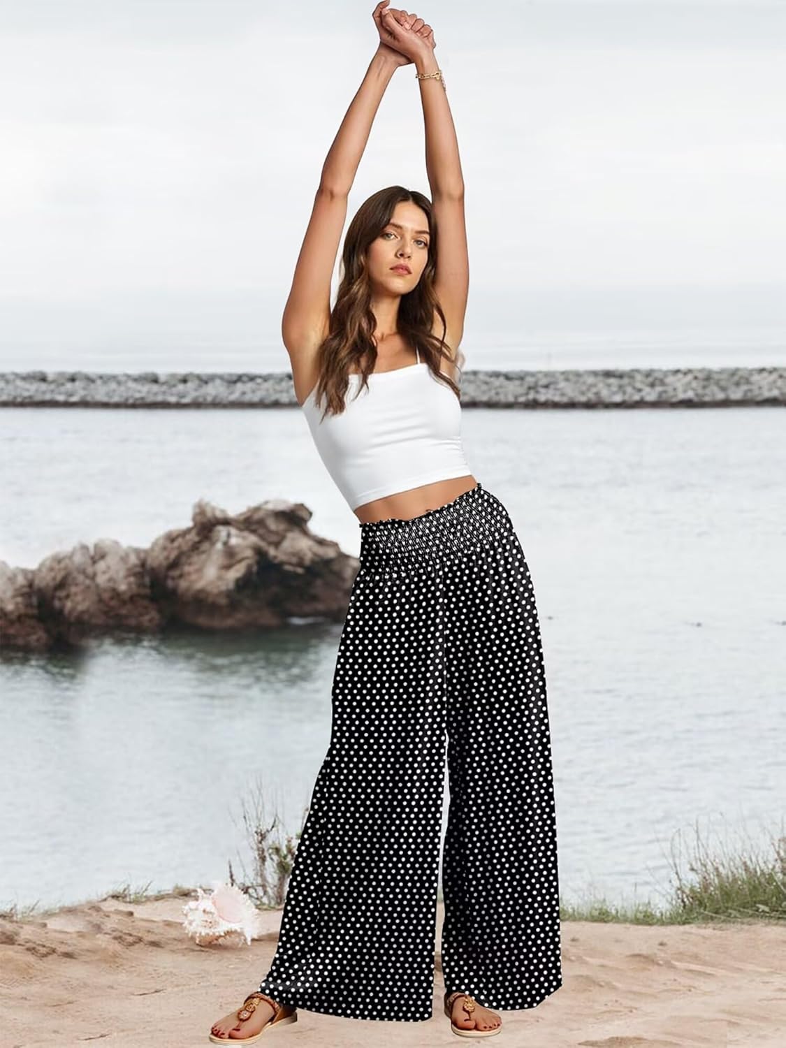 KISSMODA Women Palazzo Pants Summer Boho Bagyy Wide Leg High Smocked Waist Flowy Beach Casual Trousers with Pockets - Image 5