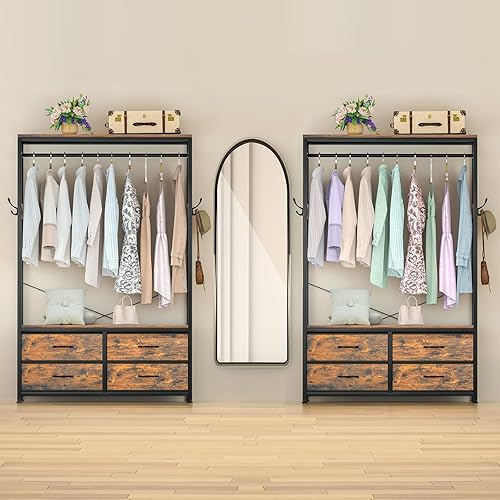 Miniatura 8 de Perchero independiente para colgar ropa, organizador de armario resistente con 4 cajones, 4 ganchos y estantes, almacenamiento de armario para