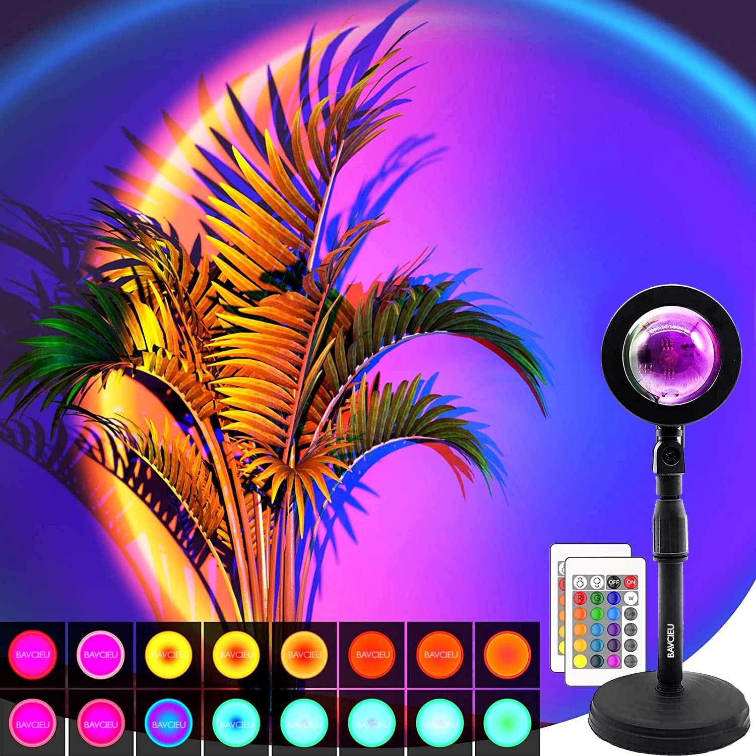 Bavcieu Sunset Lamp Projection Led Lights with Remote,APP Multicolor Night Light 360ยฐ Rotation Rainbow Lights 4 Modes Setting for Photography/Selfie/Party/Home/Living Bedroom Decor, Gifts for Women