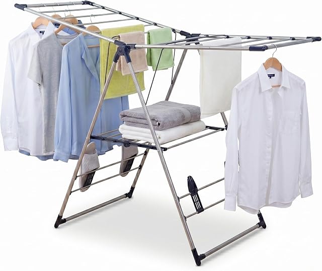 EZHOME Foldable Clothes Drying Rack, Stainless Steel Heavy Duty Laundry Hanger with Shoe Clips, Indoor Outdoor Use, 50KG Load, 164×61×120cm, Collapsible & Space Saving Design, YLT-0501C