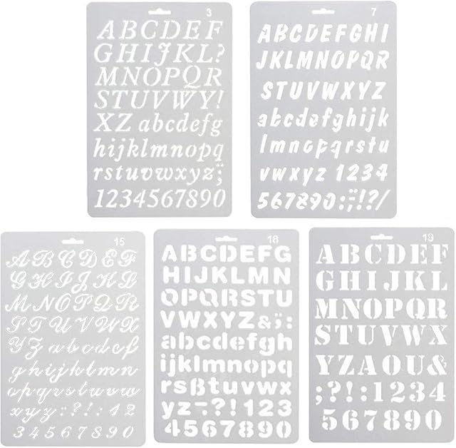 5pc Caligraphy Stencil Alphabet,Alphabet Painting ,Assorted Styles Plastic Number and Letter Artistic Drafting Drawing Templates Stencil Set