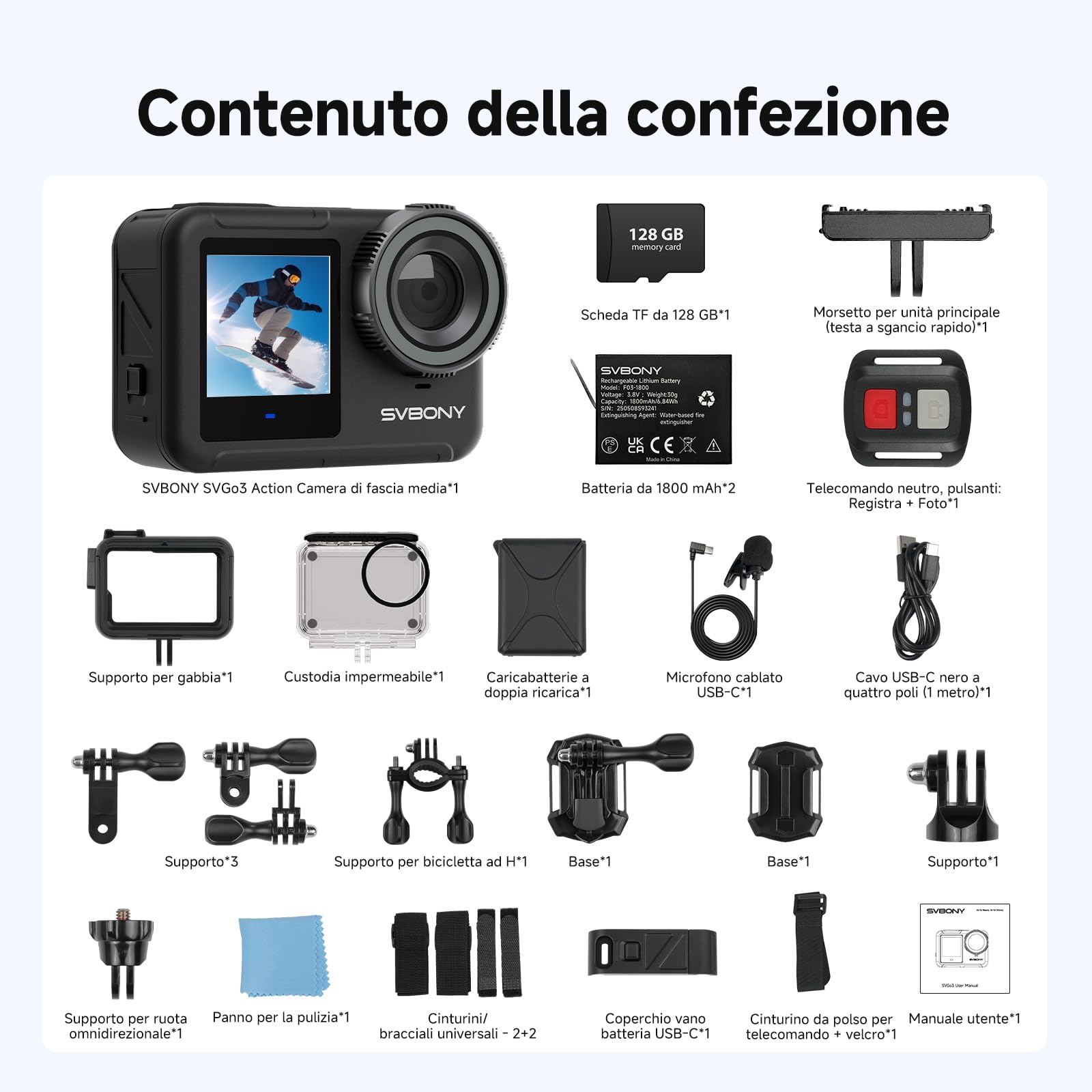 SVBONY SVGo3 4K 60FPS Fotocamera Subacquea con Scheda 128GB | Attacco Magnetico Rapido, 12m Impermeabile Senza Custodia, EIS 2.0, 2x1800mAh Batterie & Accessori
