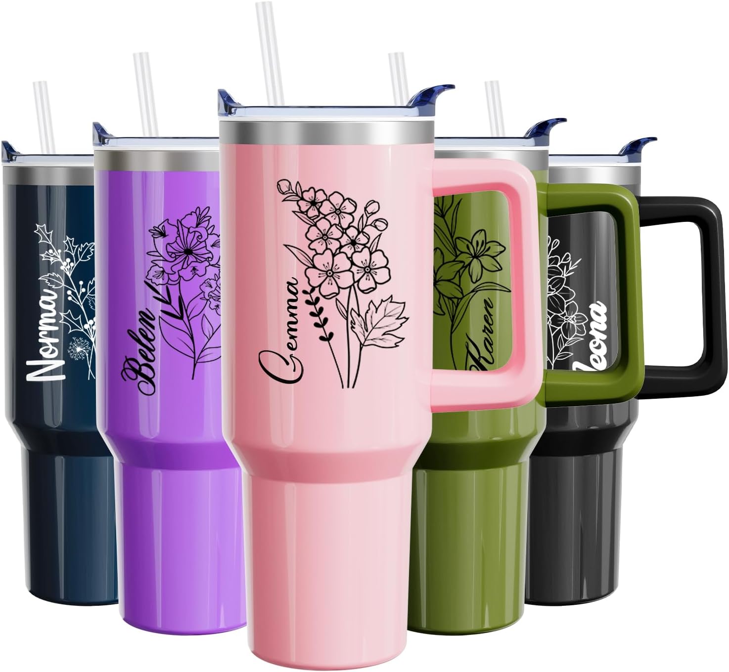 Personalized 40 Oz Tumbler with Handle Lid and Straw Custom Birth Month Flower Cups Customized Insulated Cup Birthday Gifts with Name for Men and Women
