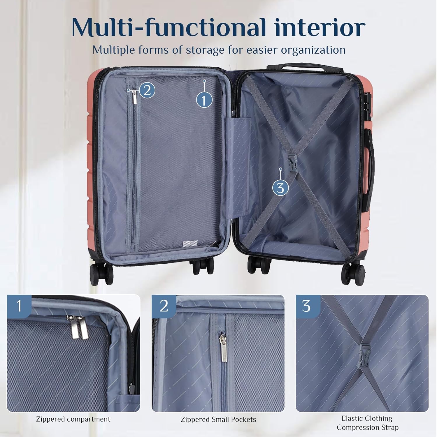 DUMOS 3-Piece Luggage Set, 20/24/28 Inch Hardside Suitcases with Spinner Wheels, Lightweight ABS Hard Shell Travel Luggage, Rolling Suitcase with TSA Approved Lock for Travel & Business, Pink