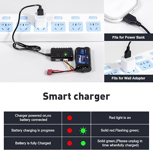 Miniatura 4 de Zeee Batería de iones de litio 2S de 2000 mAh 7.4 V T conector con cargador de batería de 7.4 V compatible con 1/10, 1/12, 1/16 escala RC Cars 4WD