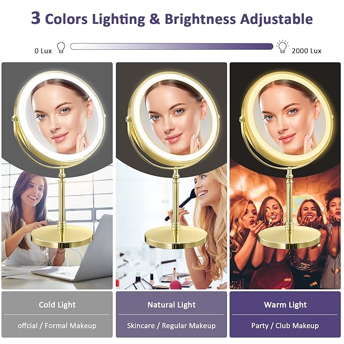 Espejo de Maquillaje con Luz Dorado, 8 Pulgadas, 10X Aumento miniatura 3