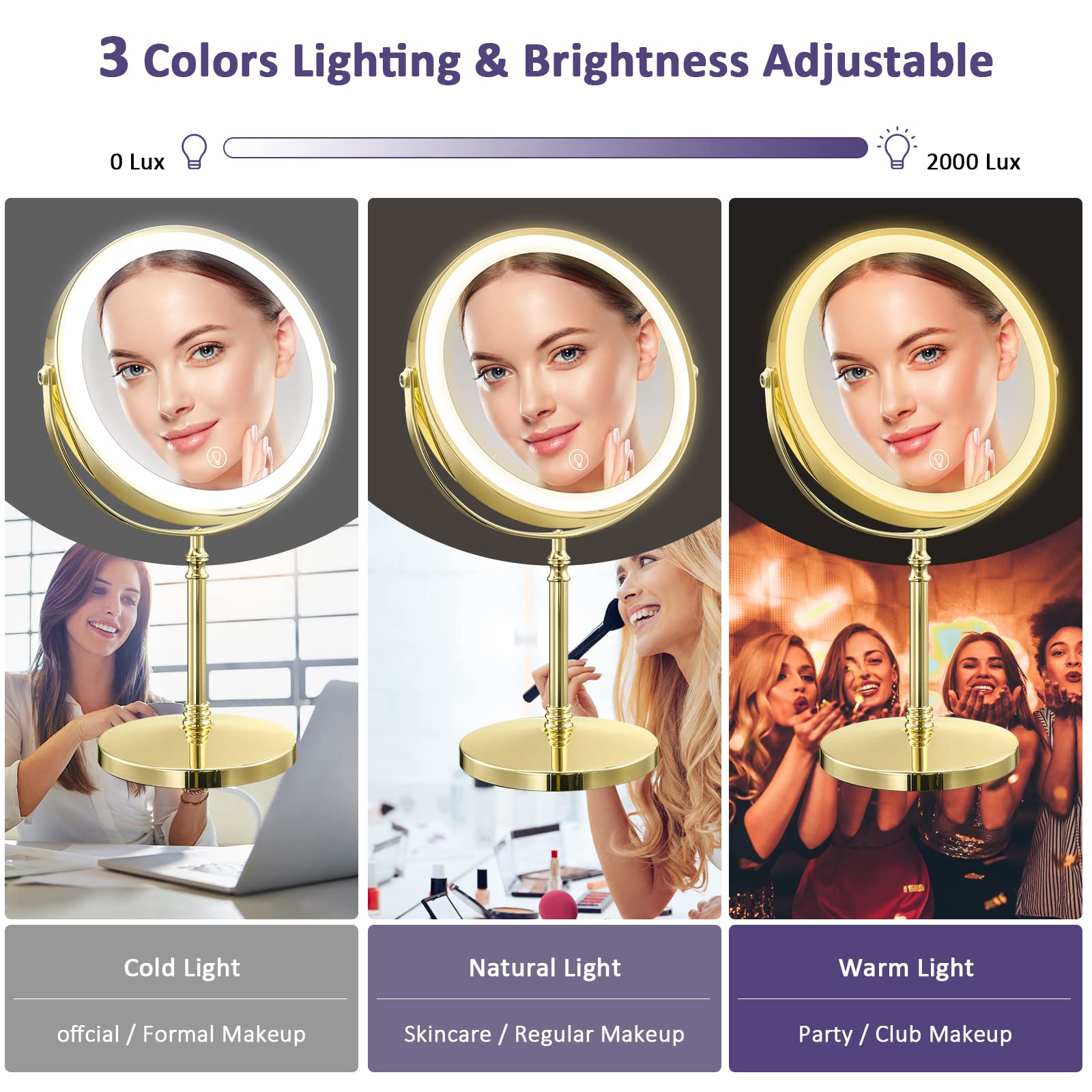 Espejo de maquillaje dorado con luces, espejo de tocador iluminado con aumento de 10X, espejo giratorio de 20 cm de 360 grados, acabado dorado
