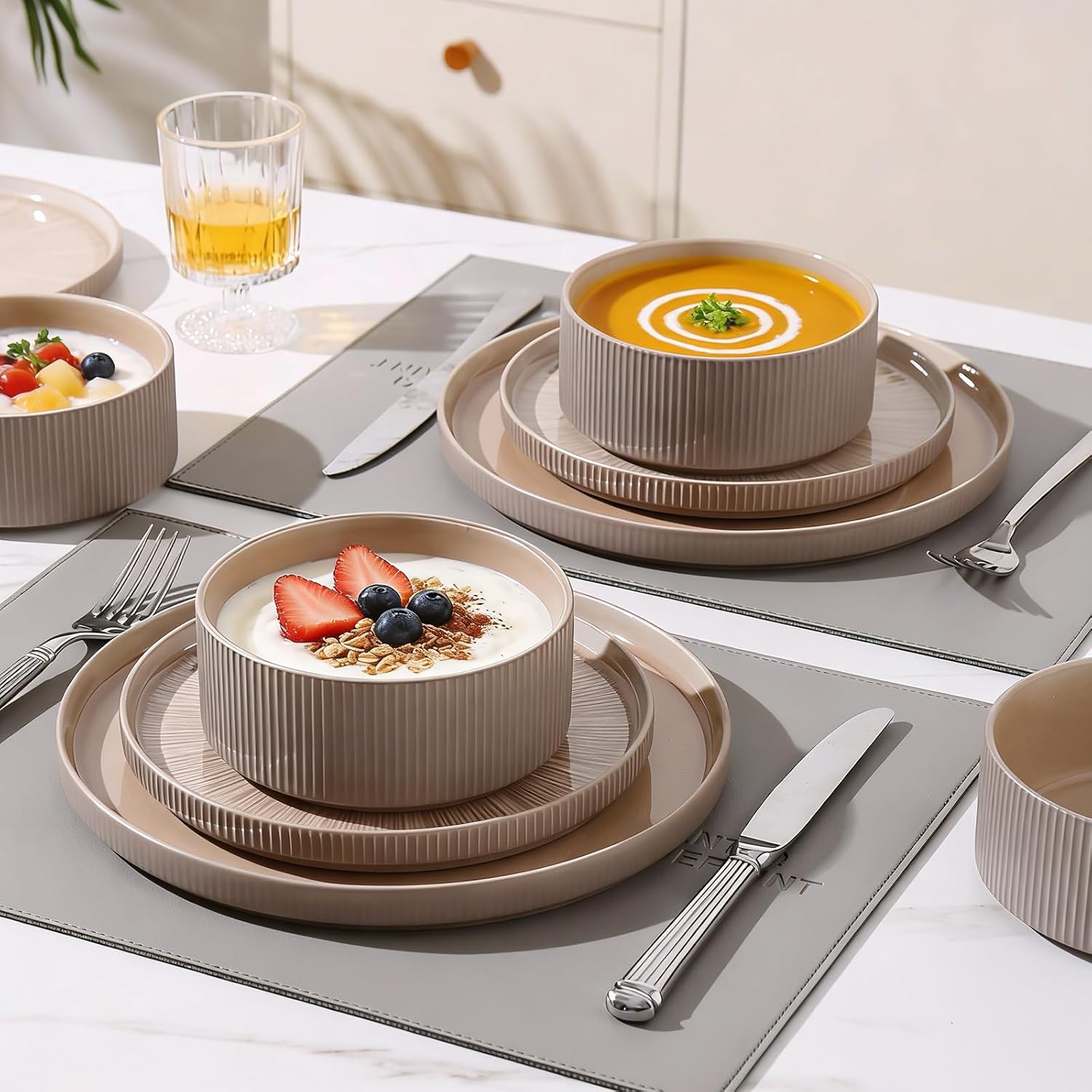 Dinnerware Sets for 4, Ceramic Plates and Bowls Set 12 Piece Dinnerware Chip Resistant Stoneware, Dishwasher and Microwave Safe-Brown