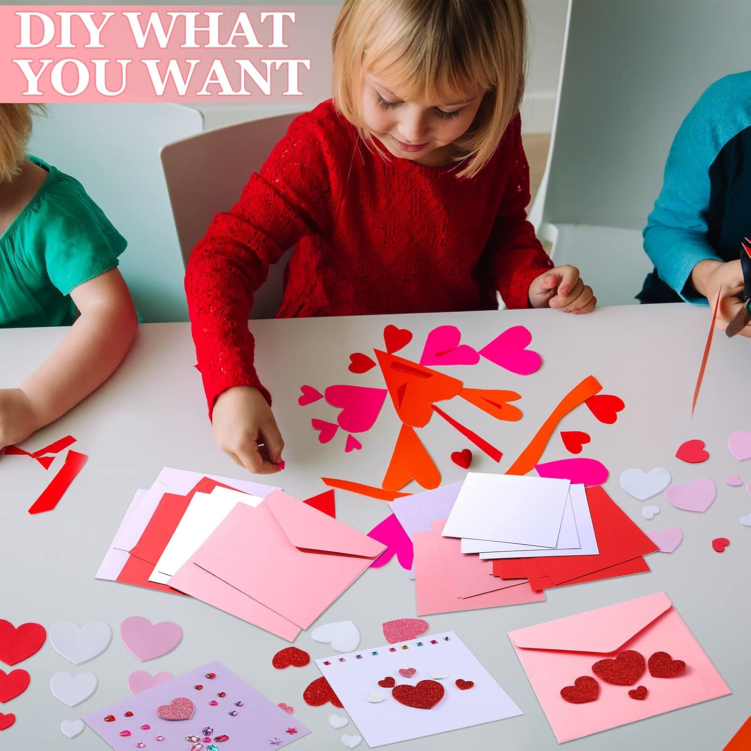 Tinlade 20 Pack Valentines's Day Crafts DIY Card Making Kit with 20 Cards 20 Envelopes 120 Foam Love Heart Stickers 10 Sheets Diamond Sticker for Kids Boys Girls Classroom Exchange Greeting Gift Party