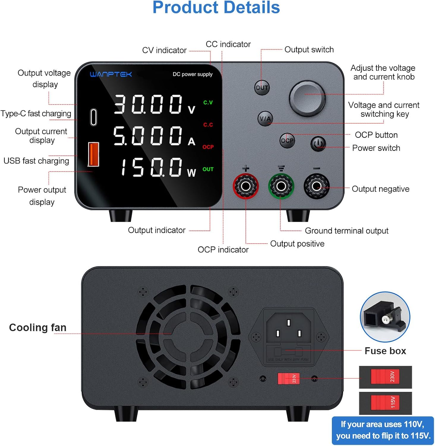 DC Power Supply, Bench Power Supply with Output Enable/Disable Button, Adjustable Power Supply with Precise Encoder Knobs, Variable Power Supply with USB & Type-C Quick-Charge Interface (0-30V 0-5A)