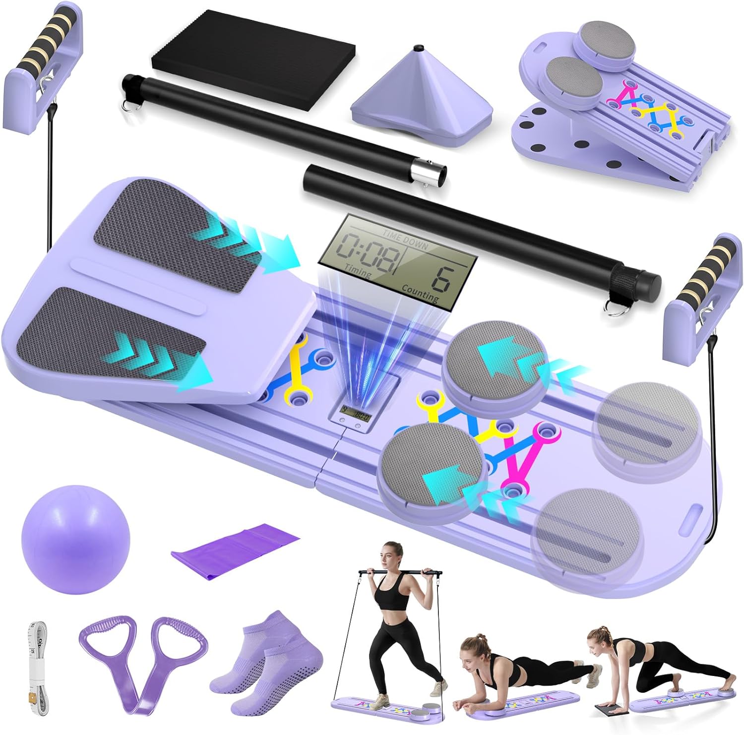 Pilates Board, Foldable Pilates Reformer Set for Home Workout with Timer, Multifunctional Portable Reformer Pilates Machine at Home Pilates Equipment A-Purple