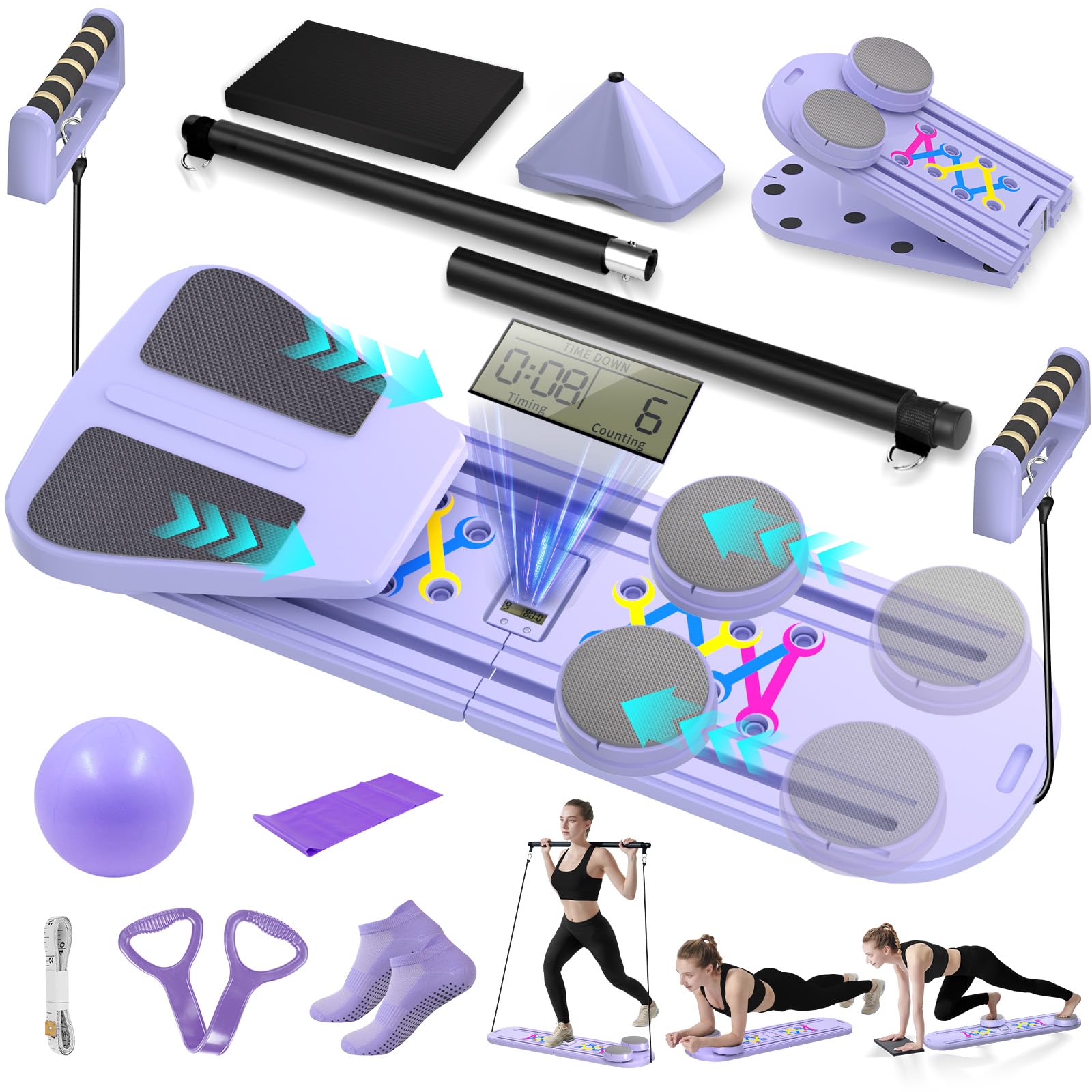 pilates board, foldable pilates reformer set for home workout with timer, 6-in-1 multifunctional portable reformer pilates machine at home pilates equipment for fitness, exercise, abs, core training