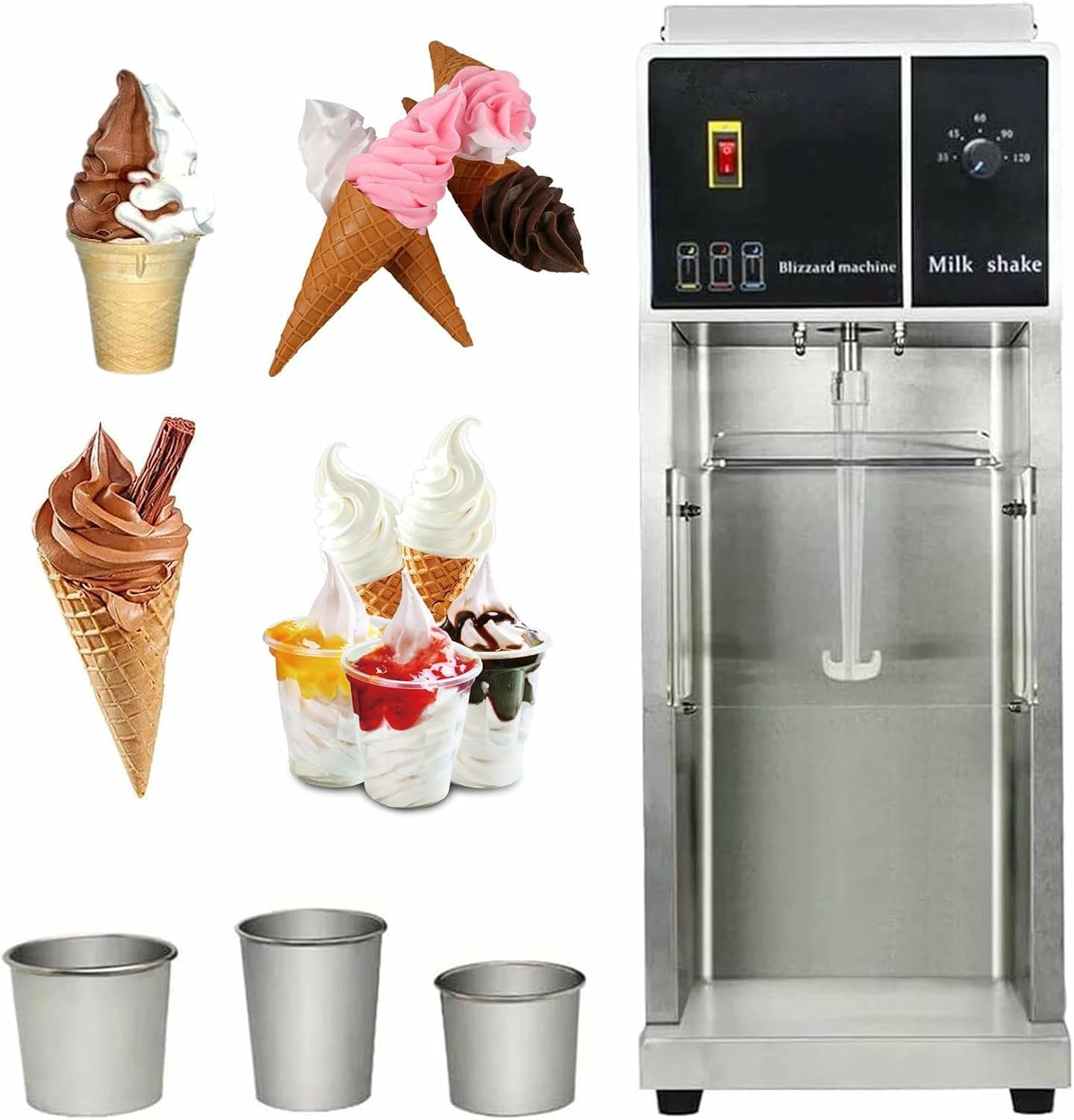 Commercial Ice Cream Maker Machine, with 3 Cups, 500W Stainless Steel Chill Drink Mixer, for Delicious Frozen Yoghurt & Ice Cream