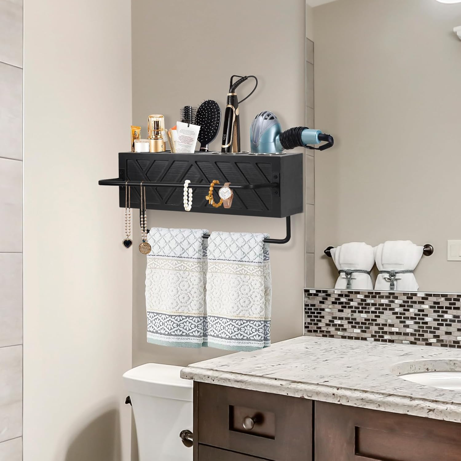 Hair Tool Organizer Wall Mount, Hair Dryer Holder with 2 Towel Bars, Wood Hot Tools Organizer, Rustic Bathroom Organizer Blow Dryer Holder for Bathroom Decor, Flat Iron, Curling Wand, Brushes(Black)