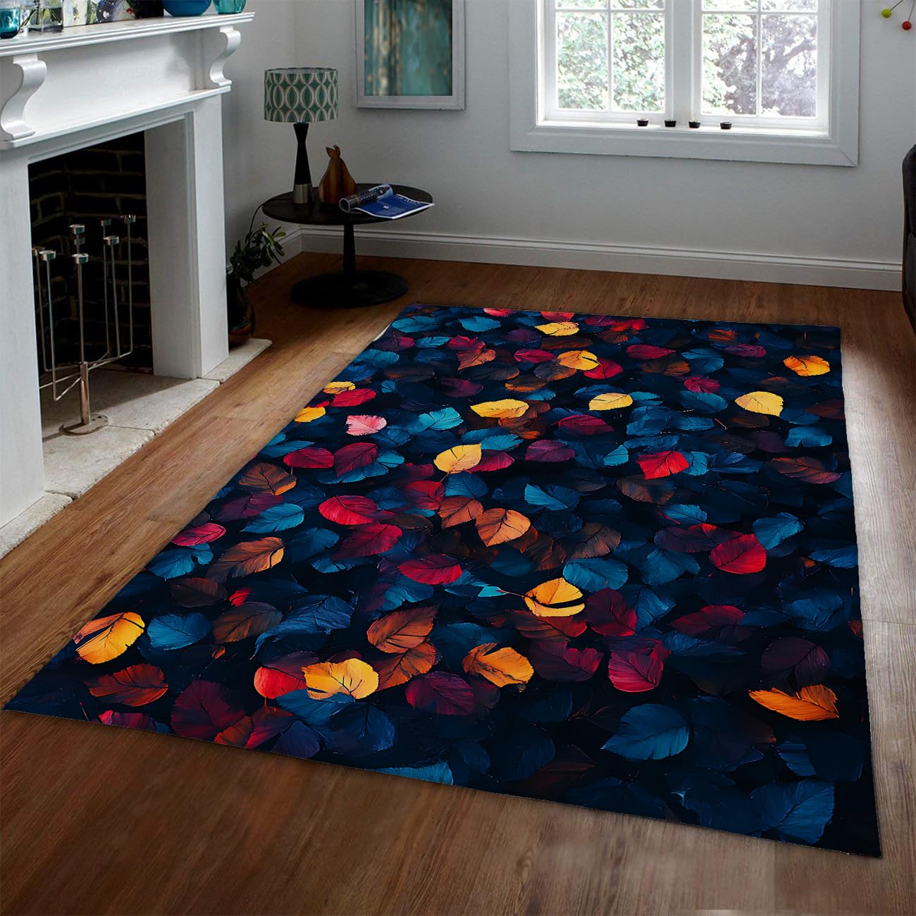 Tapis de salon bleu foncé moderne au design feuilles d'automne pour réchauffer la chambre