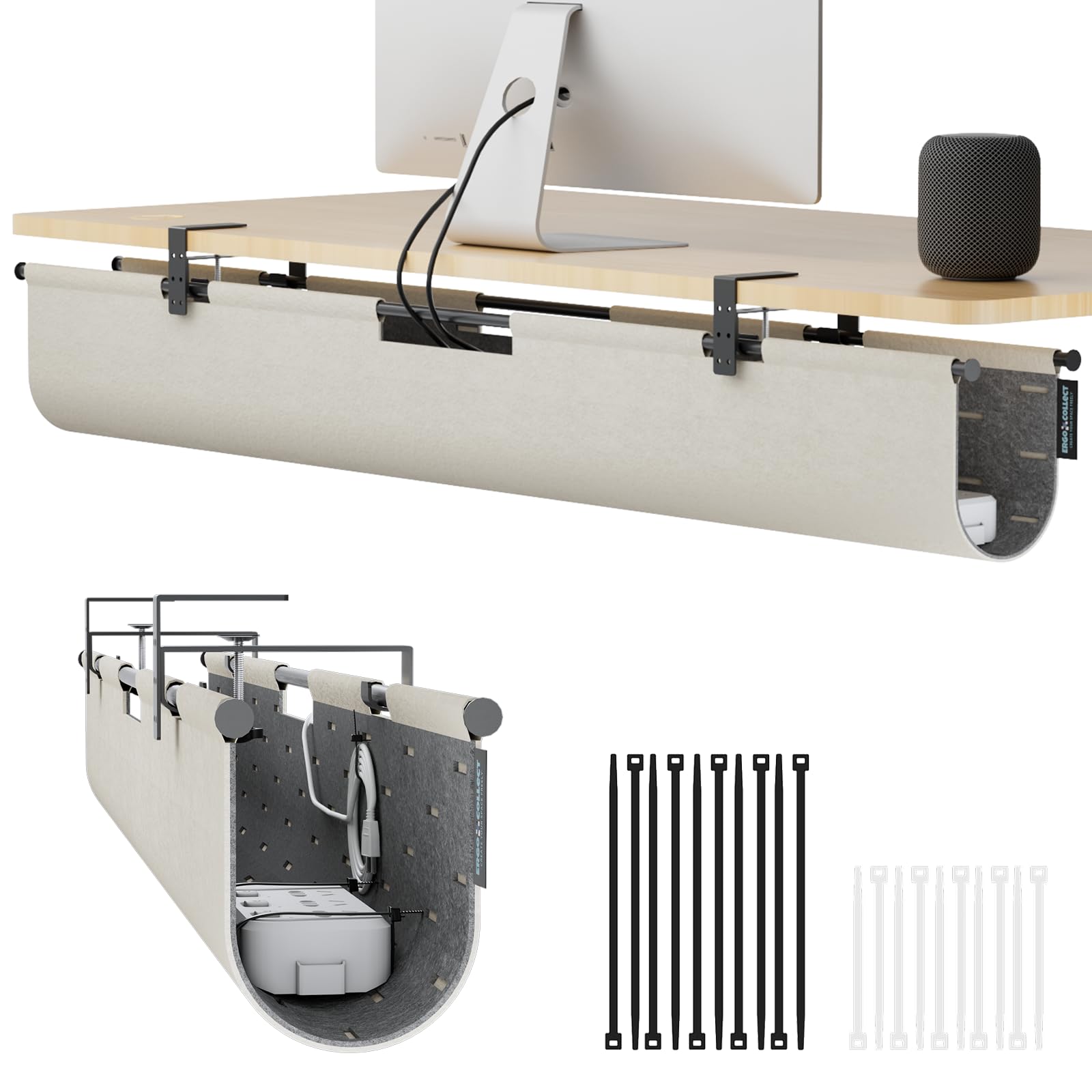 ERGO COLLECT Under Desk Cable Management,No Drill Standing Desk Wire Management,Felt Cord Organizer Tray For Office, Home (Khaki/Gray, 45.3")