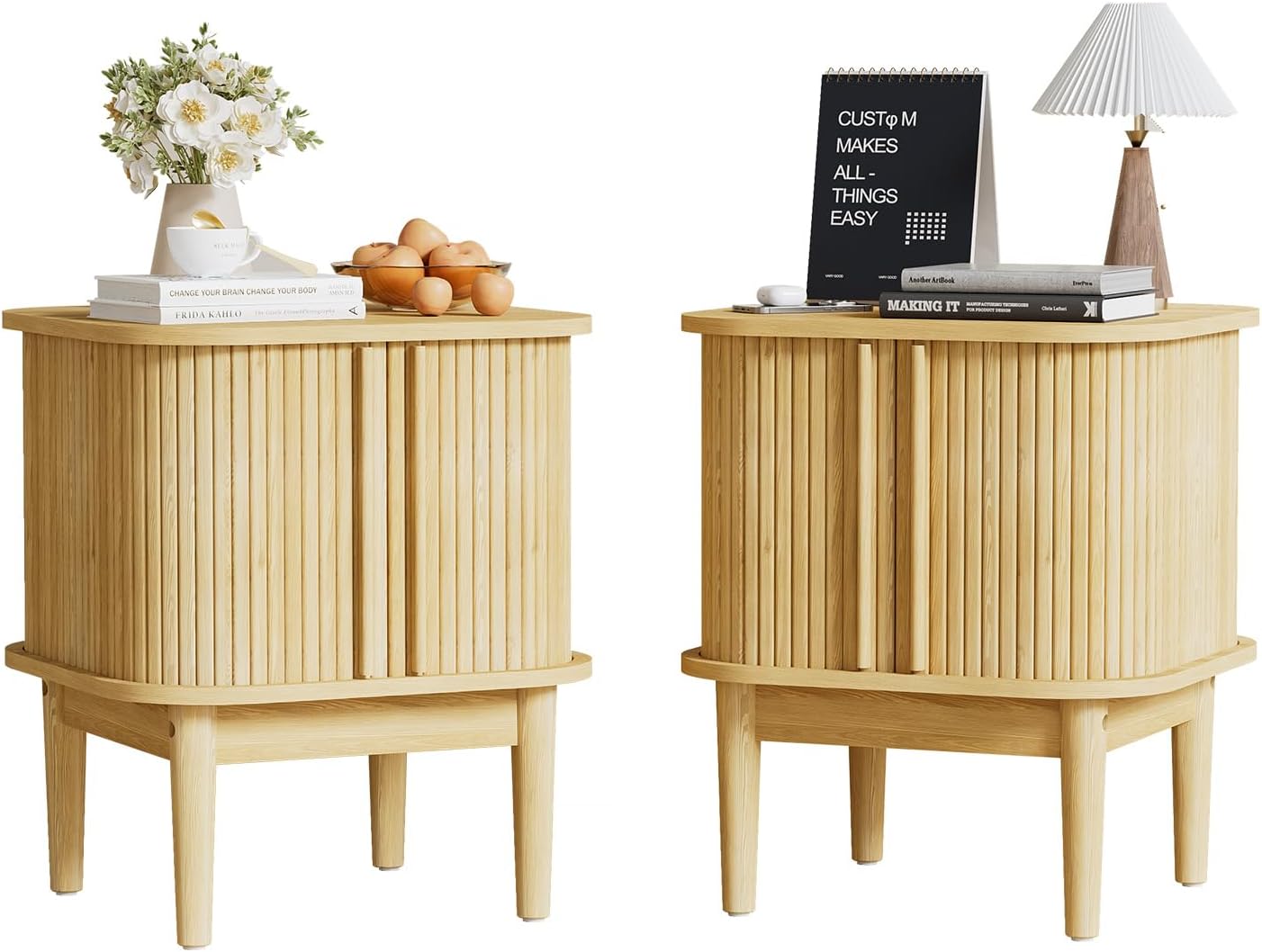 Fluted Nightstand with Sliding Doors, Modern Bedside Table with Solid Wood Legs, Wood Night Stand for Bedroom (2, Natural)