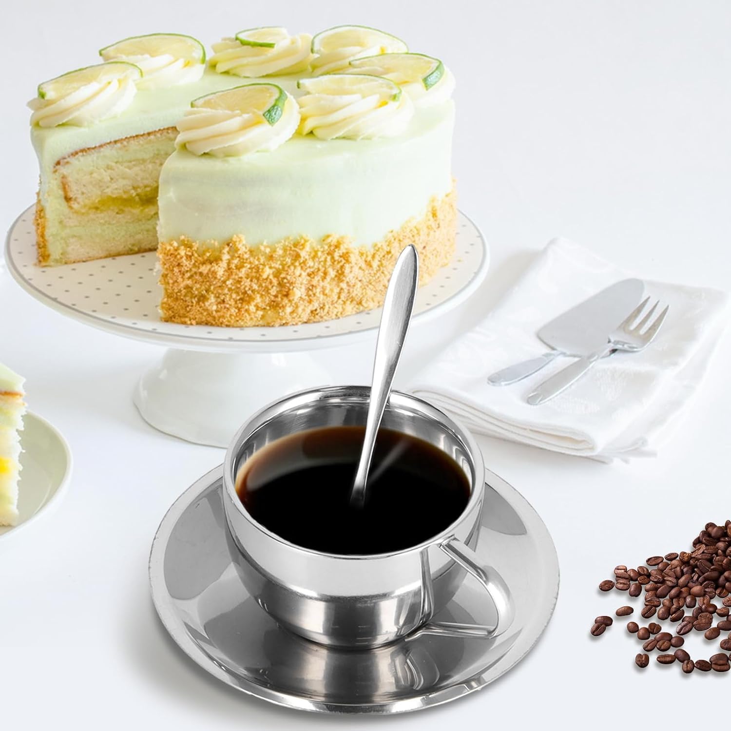 Set De 2 Tasses à Café Double Paroi En Inox 4 Oz Avec Soucoupes Et Cuillères - Pour Espresso, Thé, Lait - Bureau Ou Maison - 3