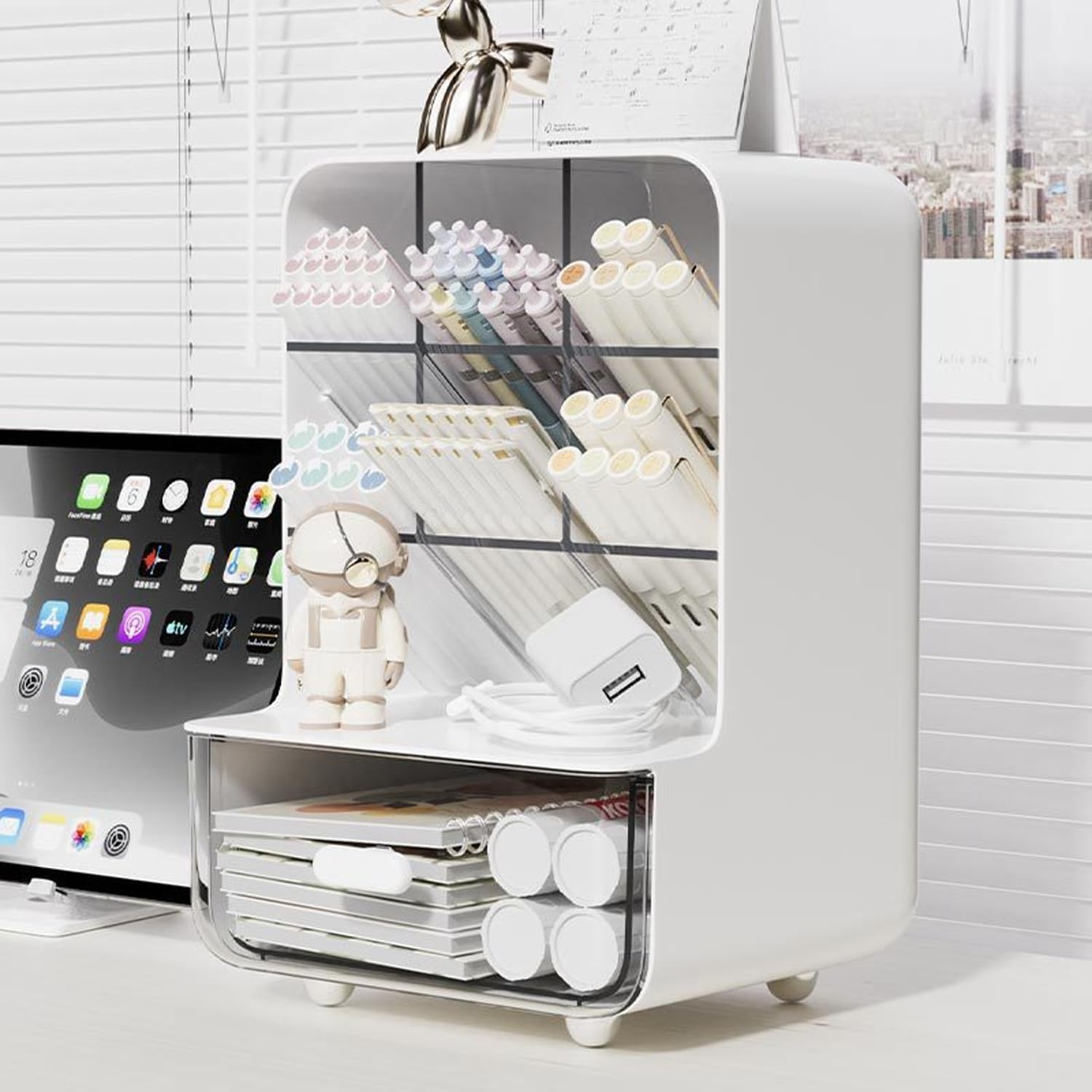 KPTON Desk Organizer 6 Slot Pen & Pencil Holder with Drawer, Mobile and Remote Stand, Card Slot Office Stationery Storage Box for Home, Study Table & Workspace