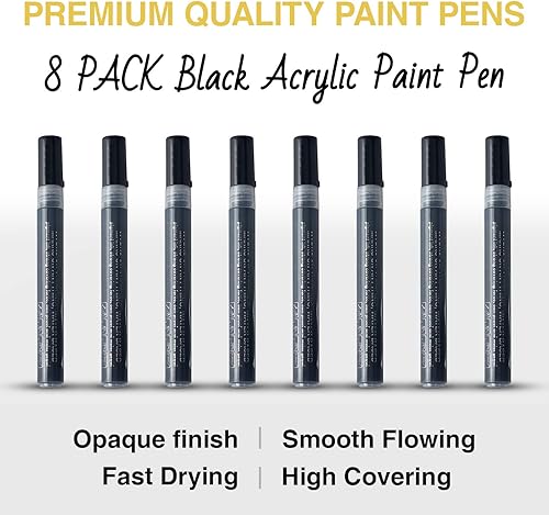 Miniatura 7 de AKARUED Marcadores de pintura acrílica negra paquete de 8 bolígrafos de pintura negra, marcadores de pintura negra acrílica para pintura de roca,