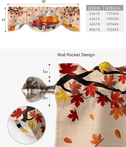 Miniatura 6 de Cenefas de otoño para ventanas de cocina, cenefa de cortina de calabaza de cosecha de camión rojo para cocina, sala de estar, cortina de ventana de