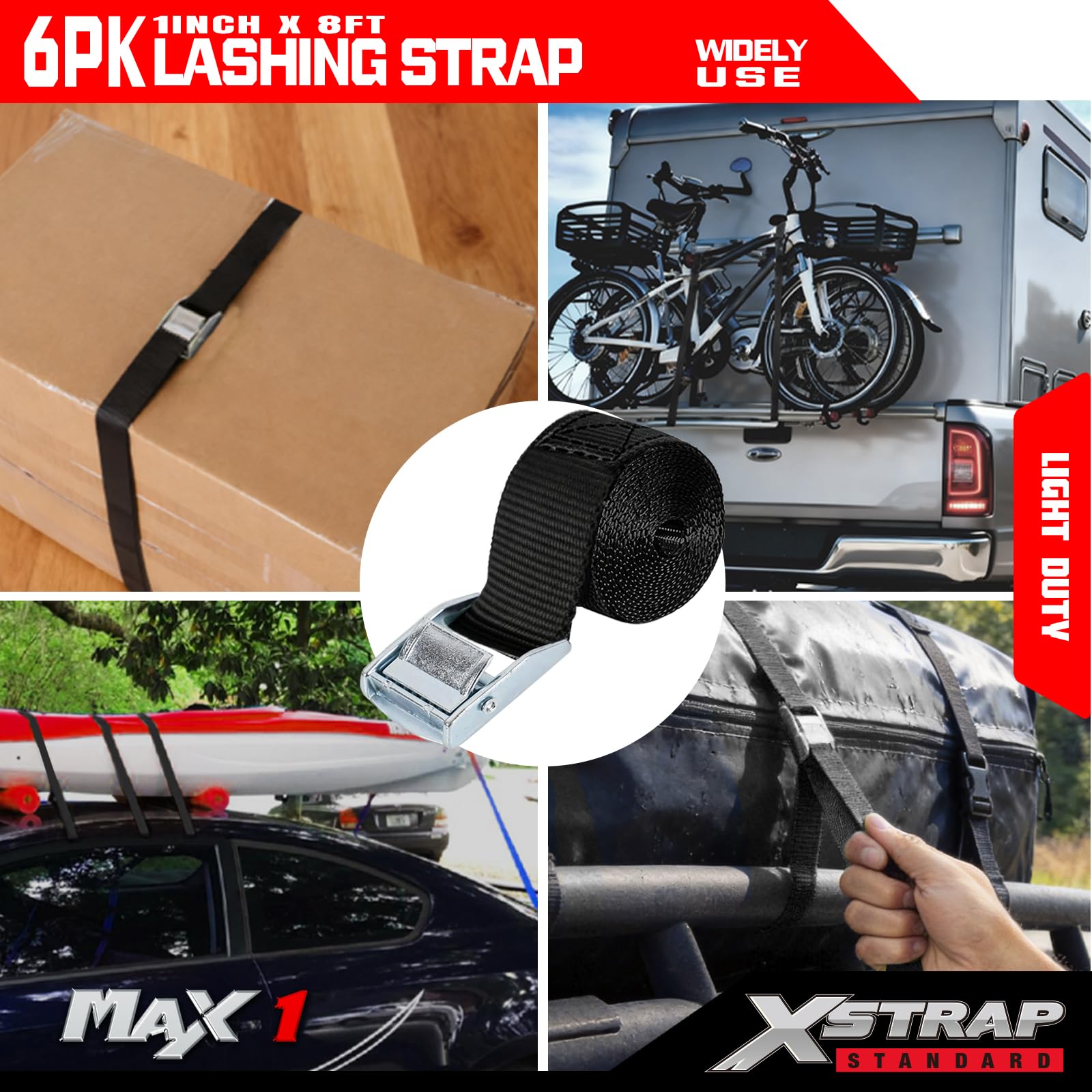XSTRAP paski z klamrą krzywkową, 200 cm, czarne paski mocujące z torbą do przenoszenia, do zabezpieczania ładunku, bagażu, motocykla, kajaka