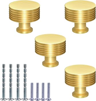 4 Pack Gold Cabinet Knobs Brushed Brass Kitchen Knobs Aluminium Alloy Gold Dresser Knob for Cabinet and Drawer Hardware Round Cupboard Knob