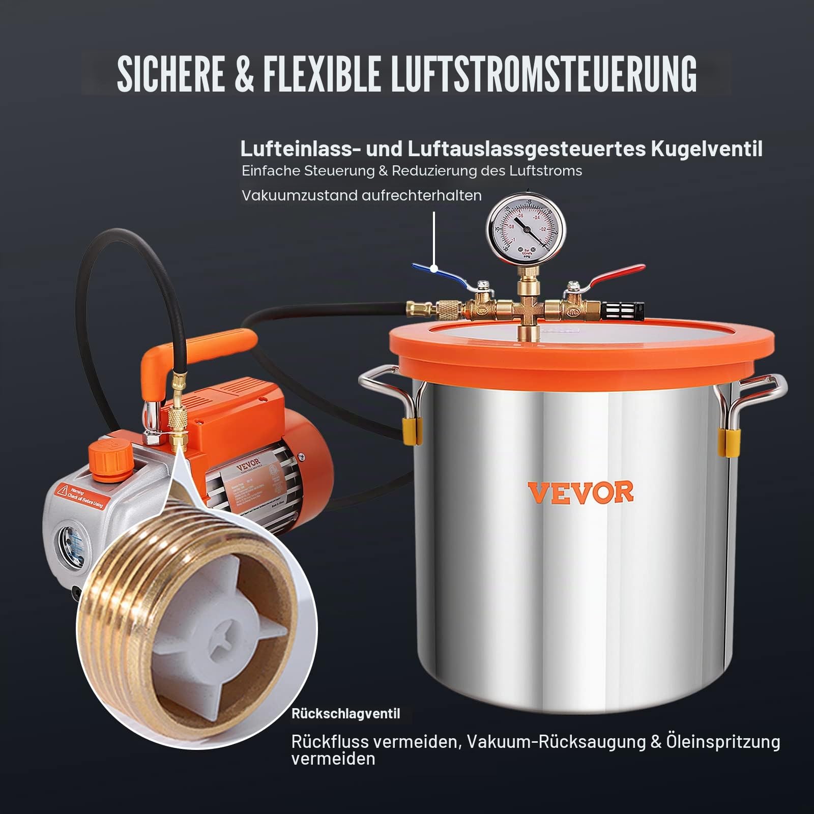 VEVOR Vakuumpumpe mit 19L Vakuumkammer 100L/min Unterdruckpumpe 150W AC 220V/50HZ 1440U/min 5pa 250ml-Ölkapazität HVAC-Vakuumgeräte Kühlvakuumpumpe für Holzstabilisierung Harzentgasung