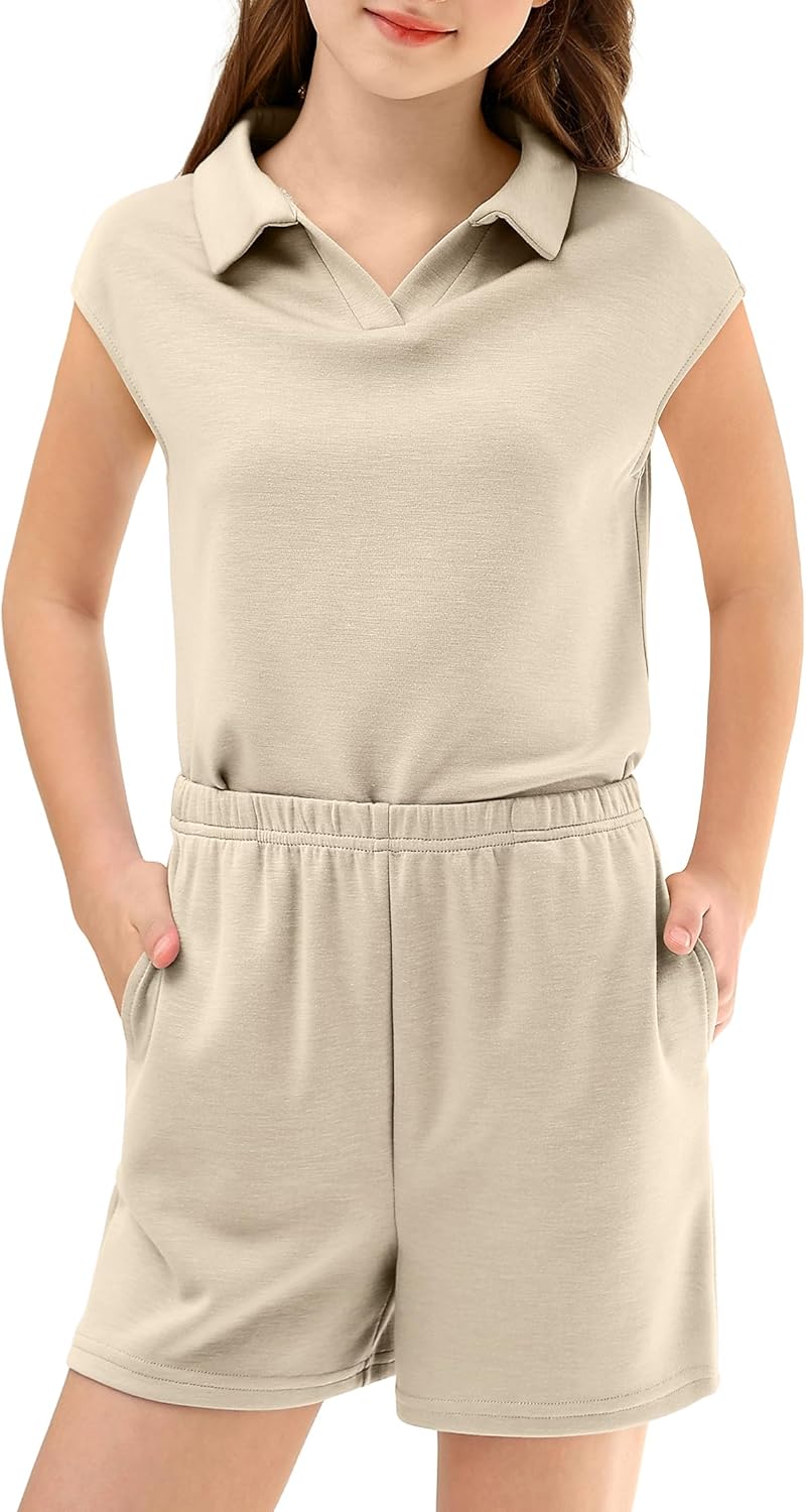 XMWEALTHY Girls Two Piece Set Casual Summer Outfits Cap Sleeve Tshirt and Drawstring Shorts with Pockets School Girls Clothes - Image 3