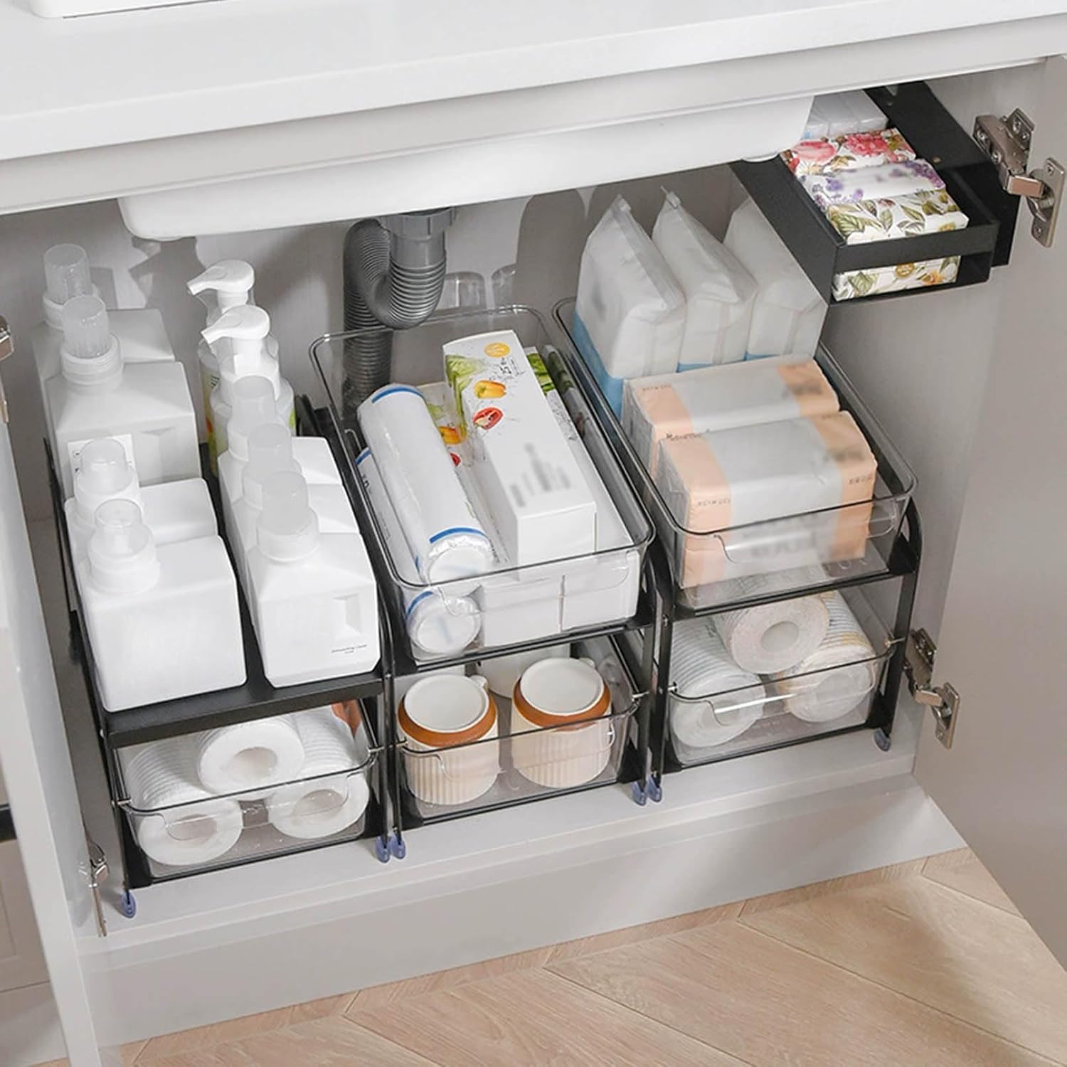 Pull Out Drawers for Cabinets, Home Organizer Cabinet Countertop Drawer with Handle, Sliding Kitchen Bathroom Storage Container Bins, Cabinet Drawers Slide Out